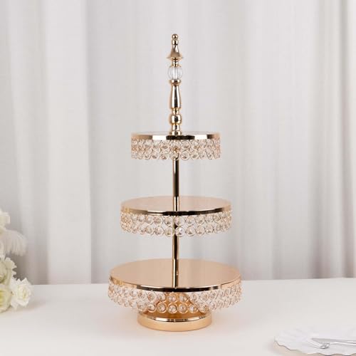 Efavormart 3 Tier Crystal Beaded Gold Metal Cake Stand (3-Tier 26" Crystal / Gold)