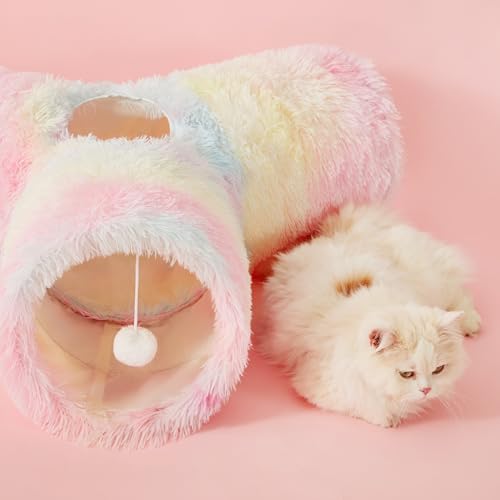 Plush Pet Cat Tunnel Tube Cat Toys 3 Way Collapsible (Plush Rainbow / Small)