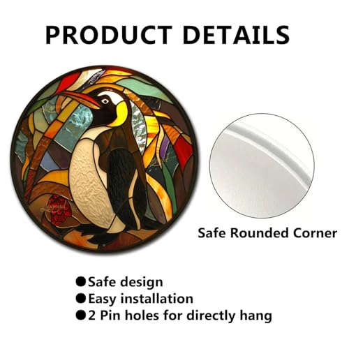 Metal Sign Tin Sign Circular Stained Glass Penguin Greenhouse Decor for Patio 12×12 Inches (12×12 Inches / Penguin)