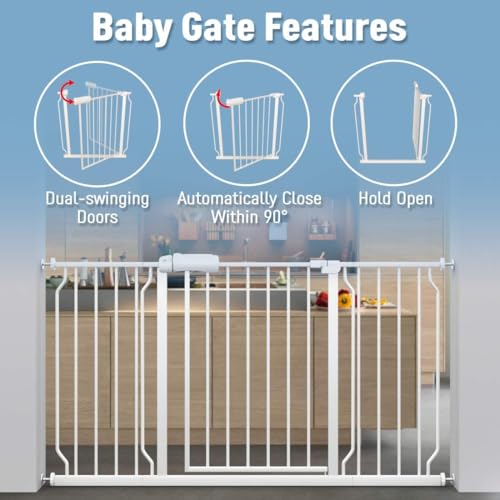 Extra Wide Pressure Mounted Baby Gate Walk Through Child Kids Safety Toddler Tension White Long Large Pet Dog Gates with Extension for doorways Kitchen (White / 24.02-27.56"/61-70cm)