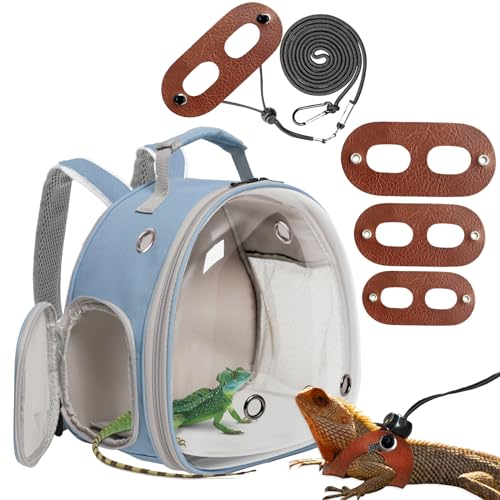 Small Animal Portable Backpack Carrier with Leather Harness and Leash Set (Blue)