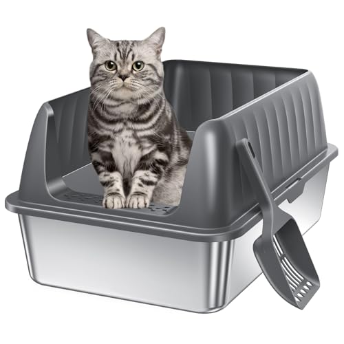 Stainless Steel Litter Box 10in Enclosed Cat Litter Box with High Sided Lid Odor Control Non (Deep Grey / Medium)