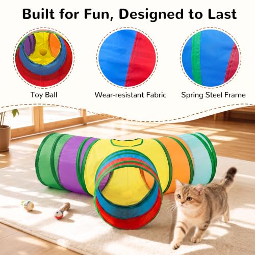 Cat Tunnel, 3-Way Collapsible Toy for Indoor Cats, Rainbow (Rainbow / Small)