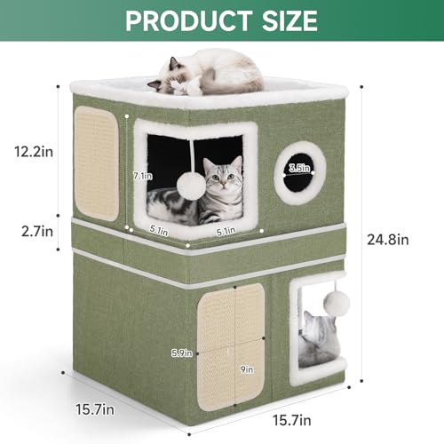 2 Story Cat House beds for Indoor Cats with Scratch Pads Green (Green / Double)