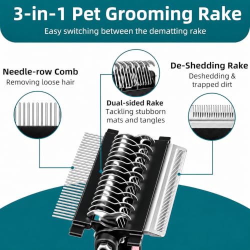 3-IN-1 Pet Grooming Tool - Undercoat Rake, Dematting Comb & Deshedding Brush for Cats, Dogs, Horses - Removes Mats, Tangles & Loose Fur, Reduces Shedding & Prevents Hair Mess (Blue) (Blue)