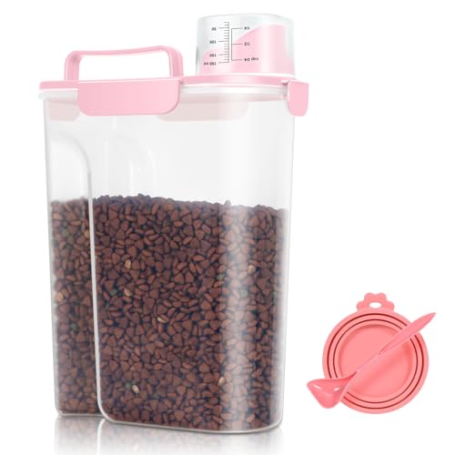 Pet Dog Cat Food Storage Container 5 to 7 lbs with Can Cover and Mixing Spoon (Pink 6Qt)
