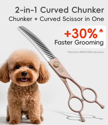 Professional Curved Chunker Dog Grooming Scissors 7.0'' Rose Gold Thinning Shears Extremely Sharp Blades 440C Stainless Steel Thinning Shears Durable Smooth Fine Cut for Dogs and Cats (Curved Chunker / 7")