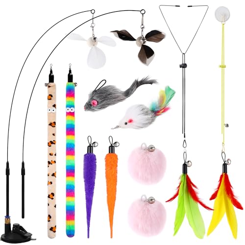 4in1 Interactive Cat Wand Toys with Suction Cup for Indoor Cat (12pcs Cat Toy Set)