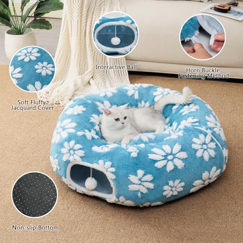 Cute Round Cat Tunnel for Indoor Cats (Blue Flower / Round)