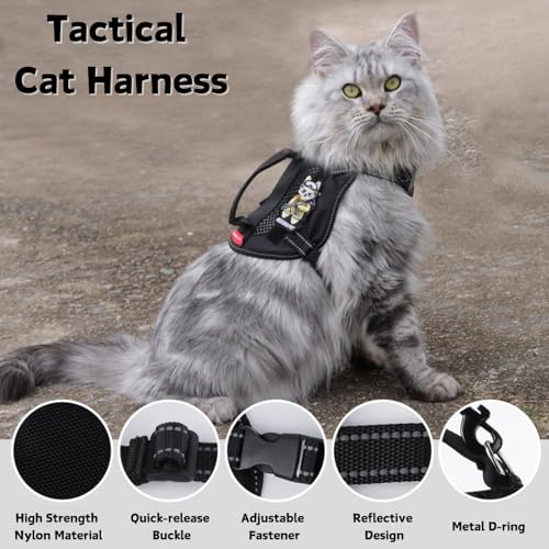 Cat Harness and Leash Set for Walking Escape Proof Adjustable Reflective Large Cat Tactical Harness with Patches Breathable Summer Vest Soft Mesh Padding Handle Easy to Control (Black / M)