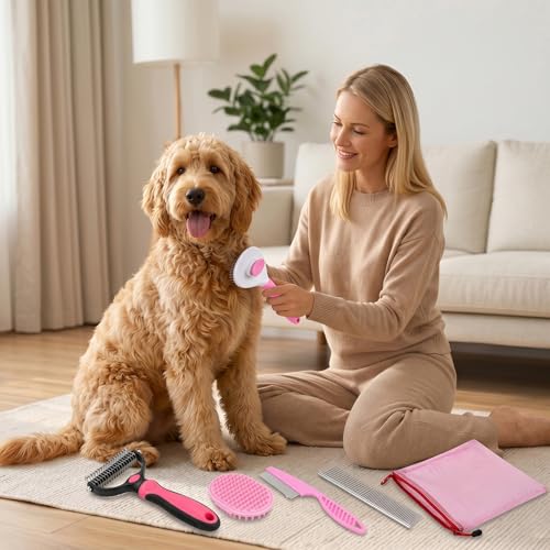 5-in-1 Dog Grooming Kit with Self Cleaning Brush & Rake, Pink (Pink)
