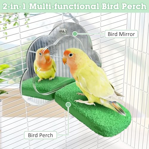 2 PCS Bird Mirror with Perch Resin Parakeet Perches Hanging Parrot Toys Interactive Bird Cage Accessories for Cockatiel Conure Lovebird Finch