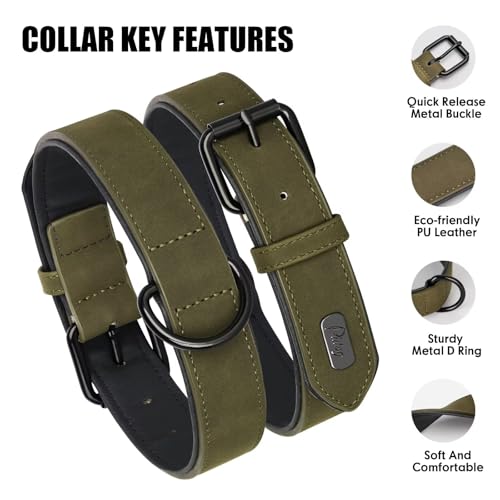 Soft PU Leather Dog Collar (L: Neck 14-18", Width 1" / Dark Green)