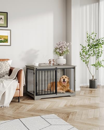 39.3" L Dog Crate Furniture Indoor Dog Kennel with Barn Door (Greige / 39.3"L x 23.6"W x 26.8"H)