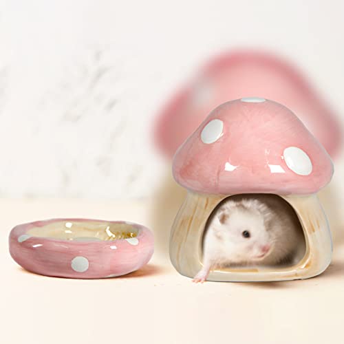 Ceramic Mushroom Hamster Hideout with Food Bowl (Pink)