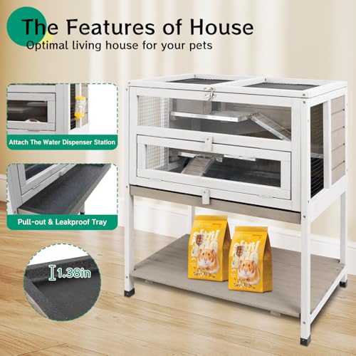 Guinea Pig Cages Hamster Cage Indoor with Stand Storage Wooden Outdoor Small Animals Habitat with Hideout House Pull Out Tray (25.6"L x 17.5"W x 30.0"H)