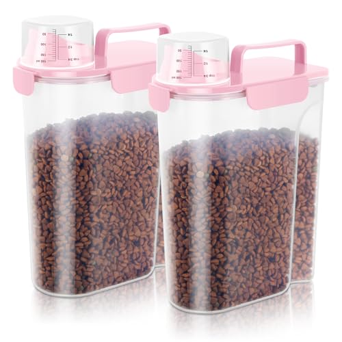 5-7LBS/6Qt Dog Cat Storage Container Portable with Upgraded Large Spout and Cup, Plastic Pet Food Dispenser for Small Animal Kibble, Bird Seed, Oatmeal, Rice, Flour, Brown Sugart-2 pack Smoky Pink (Light Pink×2 / 5L-2pack)