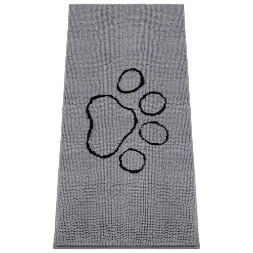 Absorbent Dog Door Mat for Muddy Paws (72"L x 36"W x 1" Th / Grey with Paw)