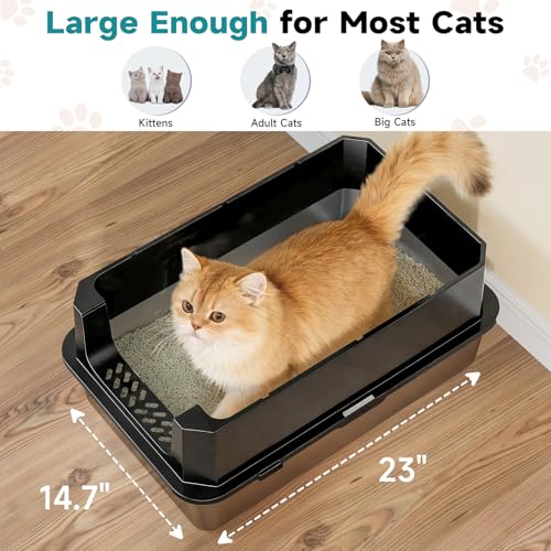 TENTIZON Stainless Steel Cat Litter Box with Lid (Black)