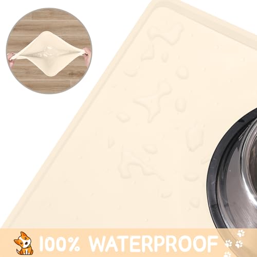 Silicone Cat & Dog Food Mat for Floors Waterproof (Beige / 24''×16'')