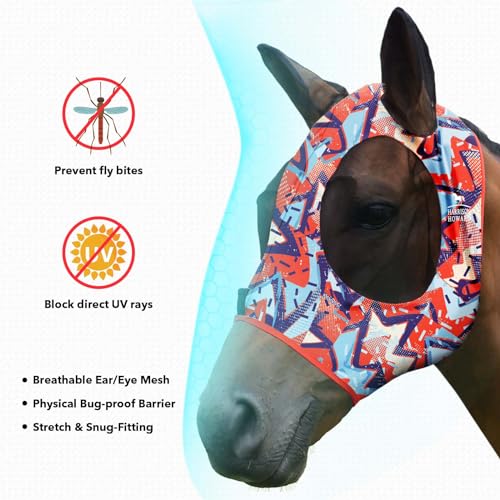 Super Comfort Stretchy Fly Mask Large Eye Space with UV Protection Soft on Skin with Breathability Orange Geo Print S (S / Orange Geo Print)