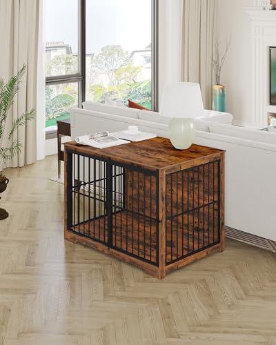 44.1" XL Dog Crate Furniture Indoor Dog Kennel with Barn Door (44.1"L x 27.6"W x 31.9"H / Rustic Brown)