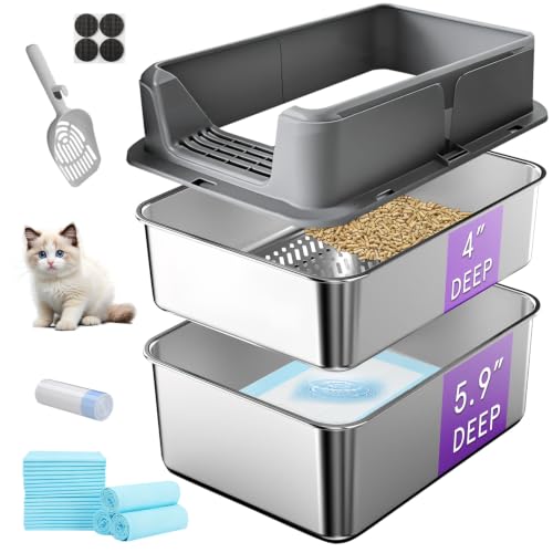 Stainless Steel Sifting Litter Box for Pine Pellets (Grey / Medium(17.4"x13.2"x10"))