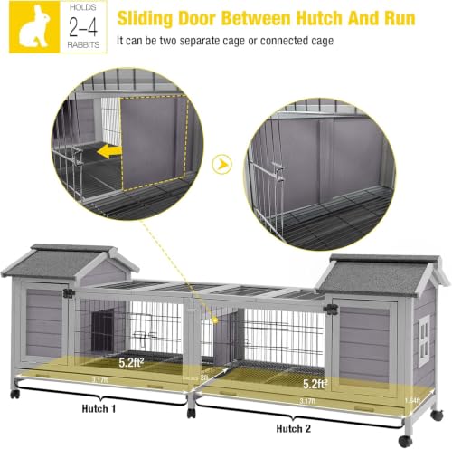 Rabbit Hutch with Run (Grey / 80.12" x 22.82" x 28.64")