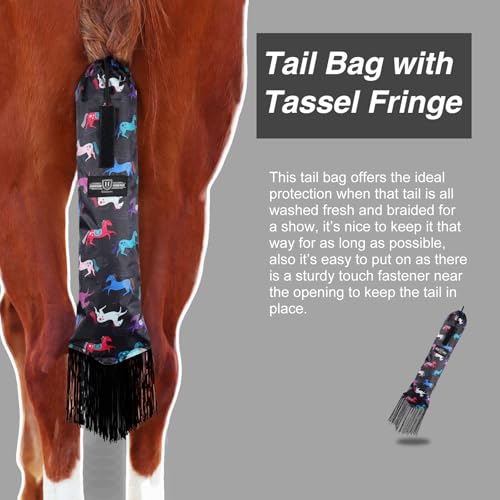 Smooth Lightweight Adjustable Fastener Nylon Horse Tail Bag with Fringe (Pony Print Black)