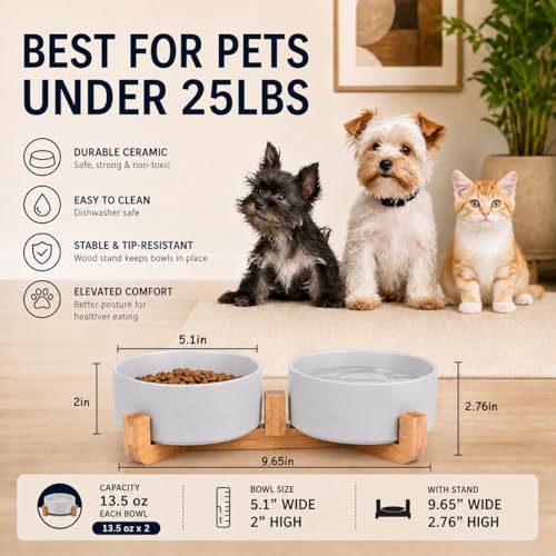 Ceramic Dog Bowl Set with Wood Stand (Grey / 400ML*2)