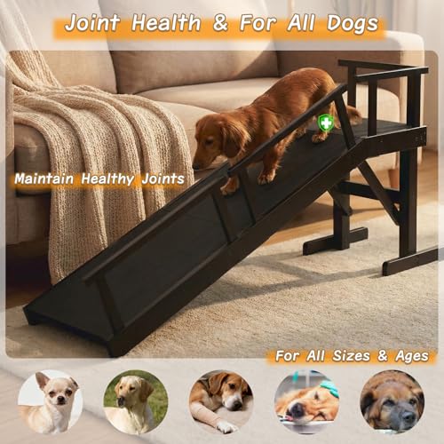 61" Dog Ramp for Bed with Rest Platform & Glow Strips (Black / 61"L x 20"H x 15.7"W)