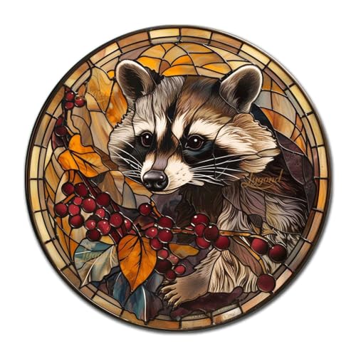Metal Sign Tin Sign Circular Stained Glass Raccoon Minimalist Wall Art for Garage 8×8 Inches (8×8 Inches / Raccoon-1)