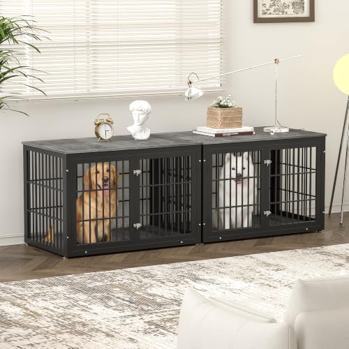 46" Heavy Duty Dog Crate Furniture for Large Dogs (Black + Gray / 46.0"L x 29.1"W x 31.1"H)