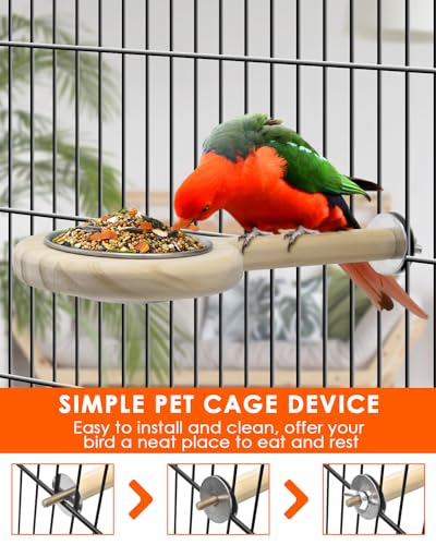Bird Perch Bird Feeding Cup Parrot Wood Perch Stand Toy Bird Cage Accessory for Parakeet Lovebird Conure Budgie Canary Finch Small Parrots