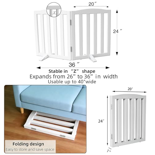 Foldable Freestanding Indoor Dog Gate for House Wood White Long Pet Gates Dog Fence for Stairs Puppy Gates for Hallways (White / 【2 Panels】40''w X 24''h)