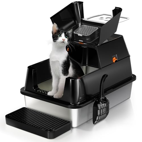 Stainless Steel Cat Litter Box with Lid (Black)