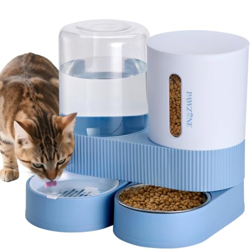 Automatic Cat Feeder Stainless Steel Water Dispenser Gravity Food Feeder and Waterer Set with Pet Food Bowl for Small Medium Kitten Puppy Pets Large Capacity (Blue)