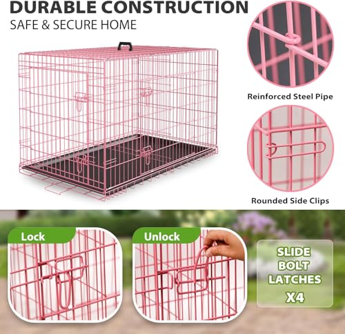 Dog Crate 42" Foldable Metal Kennel with Double Doors (Pastel Pink)