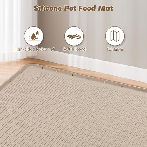 Cat Food Mat Extra Large Silicone Pet Bowl Mat 40''x40'' (Khaki / 40"L x 40"W)