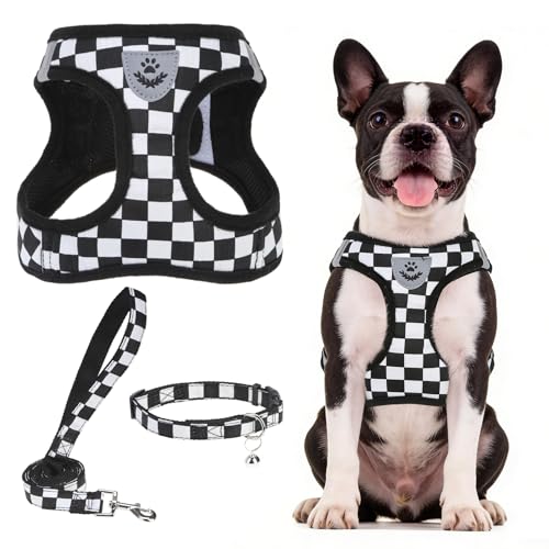 Dog Harness Collar and Leash Set No Pull for Small Medium Sized (Black&White (Checkered) / L (CHEST 18"-20"))
