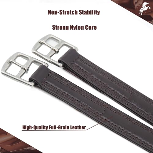 Stability English Stirrup Leathers with Strong Nylon Core for Equestrian Riding (58" / 145cm / Black Brown)