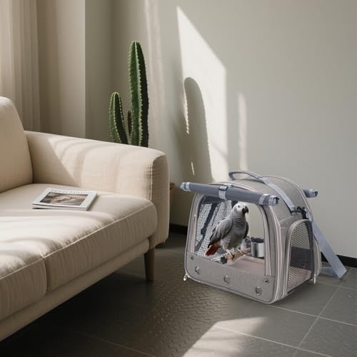 Bird Carrier Parrot Travel Cage with Perch (Gray)