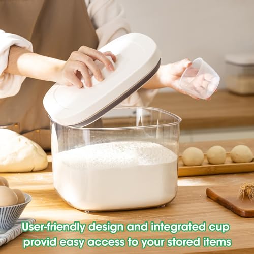 Large Airtight Food Container 5.28 Qt with Pop Up Lid & Measuring Cup (White/Clear / 5.28 Qt-Pop)