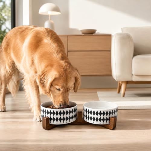 Ceramic Dog Cat Bowl Set with Stand (Black Rhombus / 850ML*2)