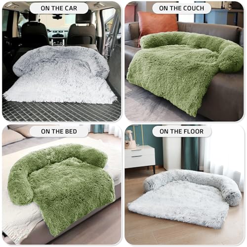 Calming Dog Bed Fluffy Plush Dog Mat for Furniture Protector with Removable Washable Cover for Large Medium Small Dogs and Cats (Grass Green / 41.0"L x 37.0"W x 6.0"Th)