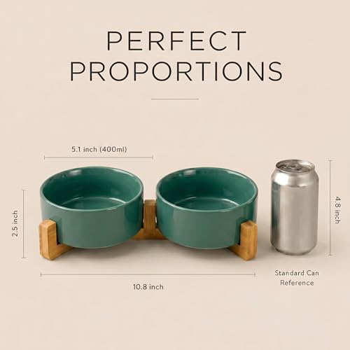 Ceramic Dog and Cat Bowl Set with Wooden Stand (1.7 cups / Light Green × 2)