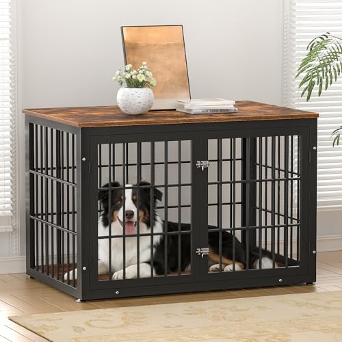 46" Heavy Duty Dog Crate Furniture for Large Dogs (Black + Rustic Brown / 46.0"L x 29.1"W x 31.1"H)