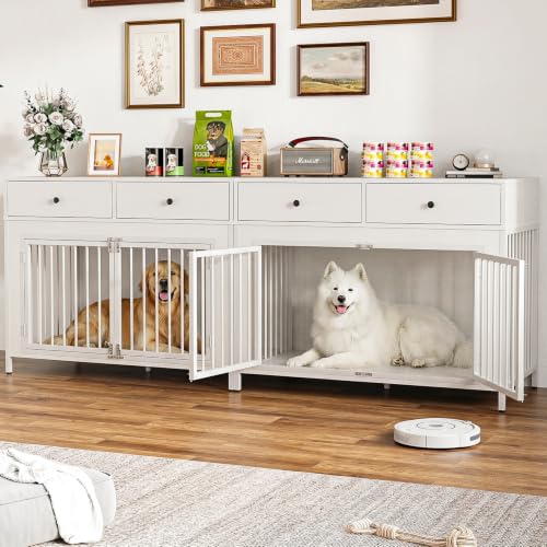 44 Inch Large Dog Crate Furniture with Storage Drawers (New White / 89"L x 23.6"W x 34.5"H)