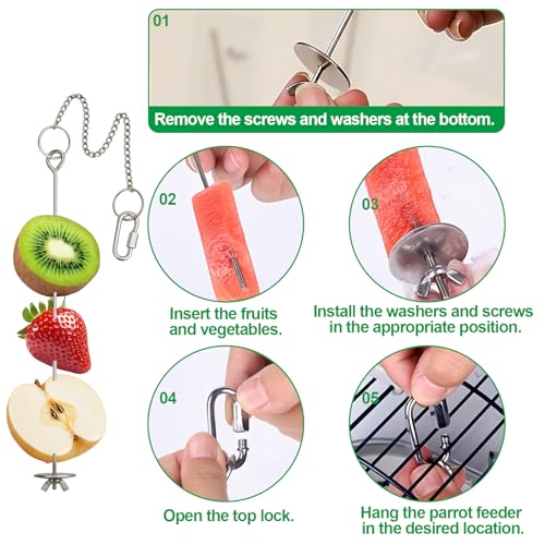 2 Pcs Chain Clauses Bird Cage Food Holder Stainless Steel Parrot Fruit & Vegetable Skewer Hanging Foraging Toy for Parakeets (Chain Clauses 2 Pcs)