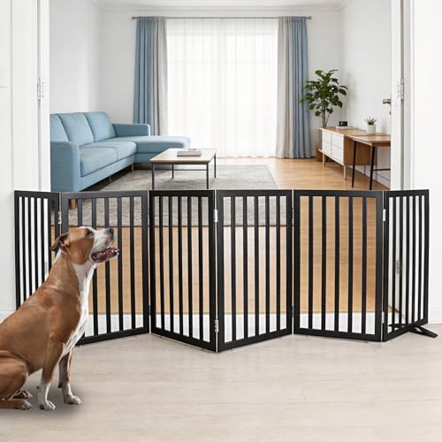 Freestanding Indoor Dog Gate for House Foldable Wood Puppy Gate for Doorways Pet Gate for Stairs Extra Wide Pet Fence (Black / 【6 Panels】120''w x 32''h)